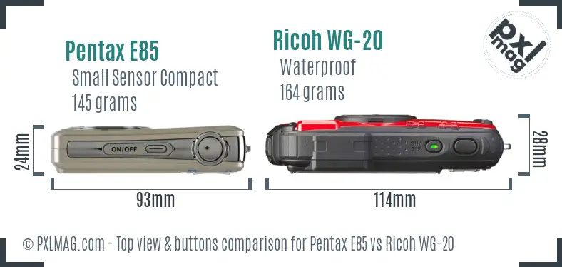 Pentax E85 vs Ricoh WG-20 top view buttons comparison