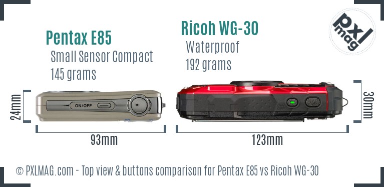 Pentax E85 vs Ricoh WG-30 top view buttons comparison