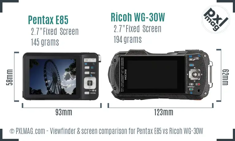 Pentax E85 vs Ricoh WG-30W Screen and Viewfinder comparison
