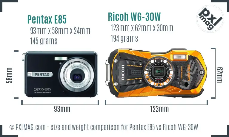 Pentax E85 vs Ricoh WG-30W size comparison