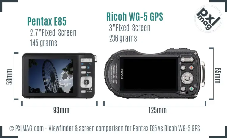 Pentax E85 vs Ricoh WG-5 GPS Screen and Viewfinder comparison