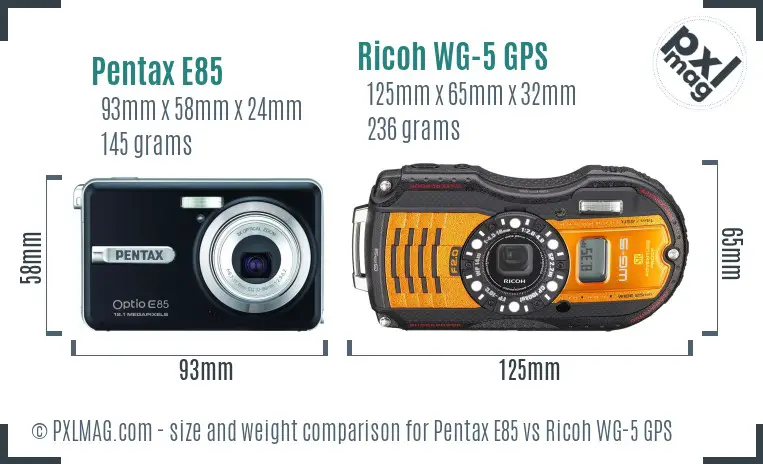Pentax E85 vs Ricoh WG-5 GPS size comparison