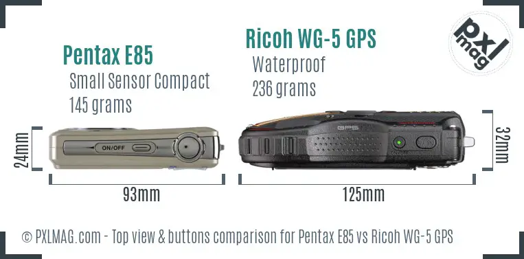 Pentax E85 vs Ricoh WG-5 GPS top view buttons comparison