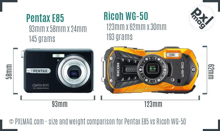 Pentax E85 vs Ricoh WG-50 size comparison Pentax E85 vs Ricoh WG-50 size comparison