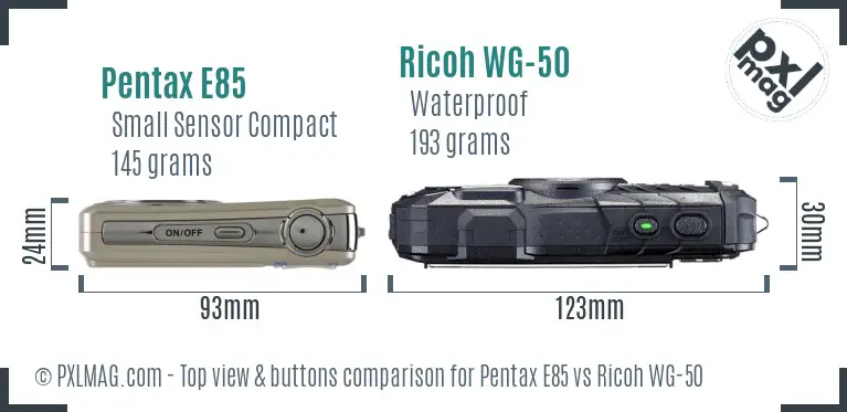 Pentax E85 vs Ricoh WG-50 top view buttons comparison Pentax E85 vs Ricoh WG-50 top view buttons comparison