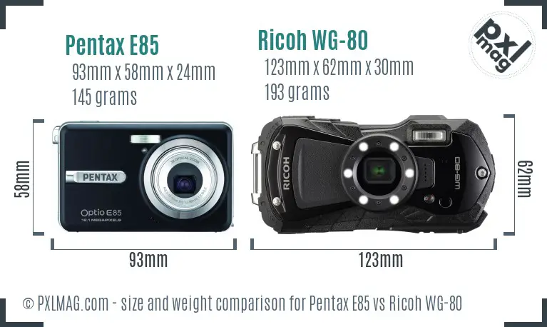 Pentax E85 vs Ricoh WG-80 size comparison