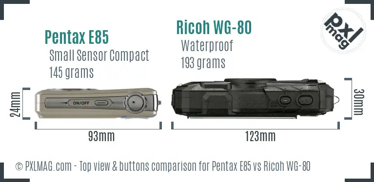 Pentax E85 vs Ricoh WG-80 top view buttons comparison