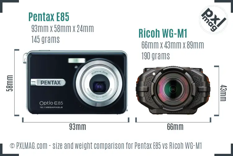 Pentax E85 vs Ricoh WG-M1 size comparison