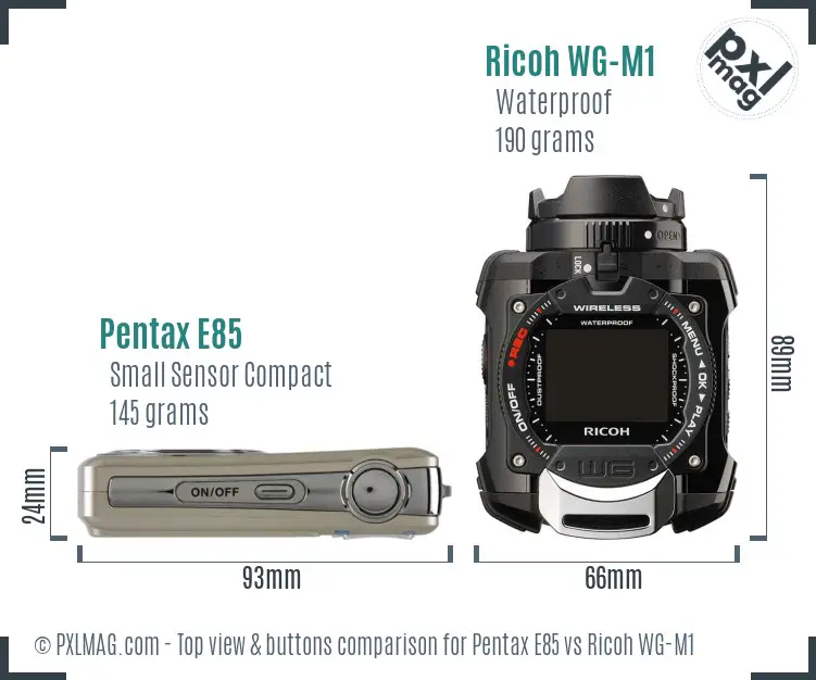 Pentax E85 vs Ricoh WG-M1 top view buttons comparison