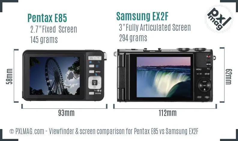Pentax E85 vs Samsung EX2F Screen and Viewfinder comparison