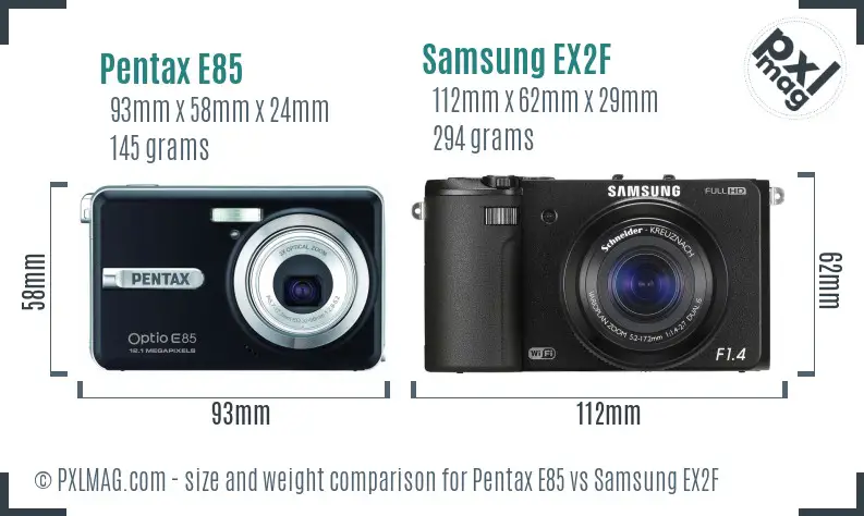 Pentax E85 vs Samsung EX2F size comparison