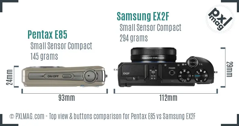 Pentax E85 vs Samsung EX2F top view buttons comparison
