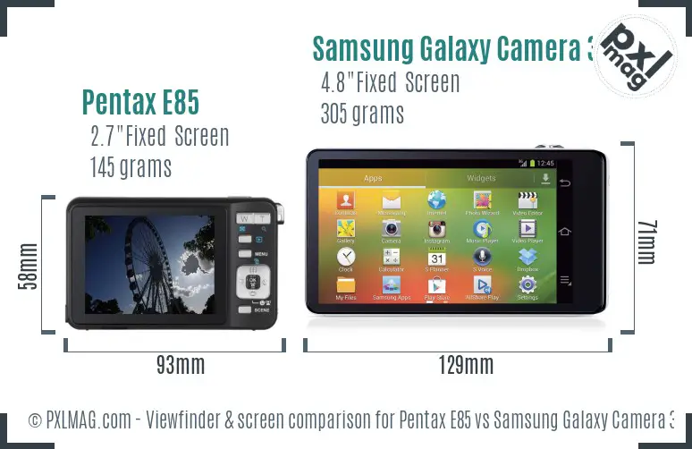 Pentax E85 vs Samsung Galaxy Camera 3G Screen and Viewfinder comparison