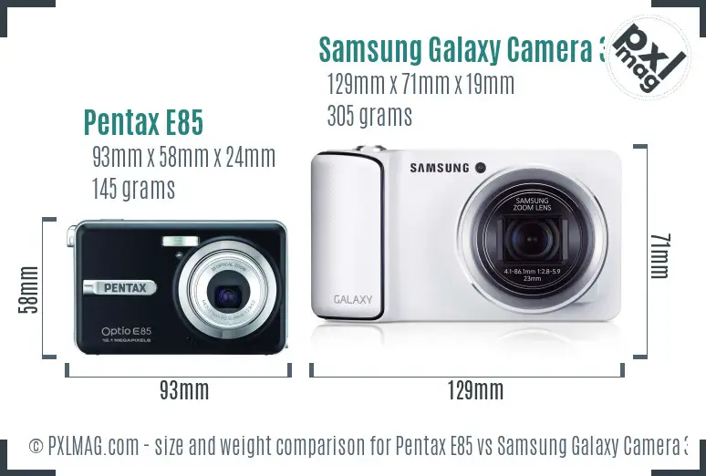 Pentax E85 vs Samsung Galaxy Camera 3G size comparison