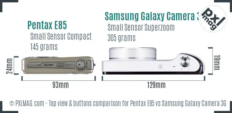 Pentax E85 vs Samsung Galaxy Camera 3G top view buttons comparison