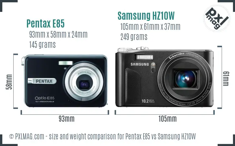 Pentax E85 vs Samsung HZ10W size comparison