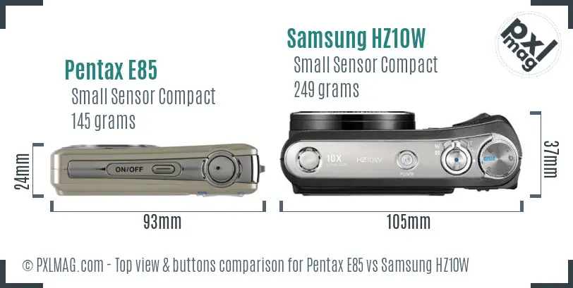 Pentax E85 vs Samsung HZ10W top view buttons comparison
