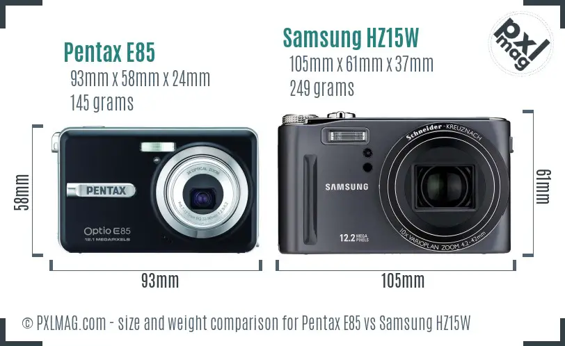Pentax E85 vs Samsung HZ15W size comparison Pentax E85 vs Samsung HZ15W size comparison