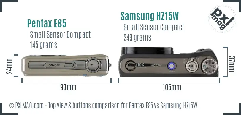 Pentax E85 vs Samsung HZ15W top view buttons comparison Pentax E85 vs Samsung HZ15W top view buttons comparison