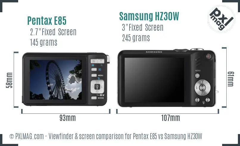 Pentax E85 vs Samsung HZ30W Screen and Viewfinder comparison