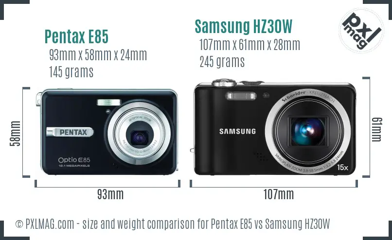 Pentax E85 vs Samsung HZ30W size comparison