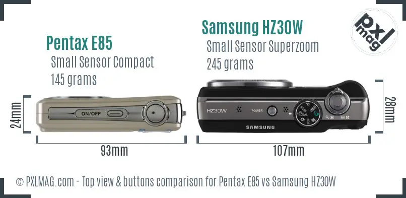 Pentax E85 vs Samsung HZ30W top view buttons comparison