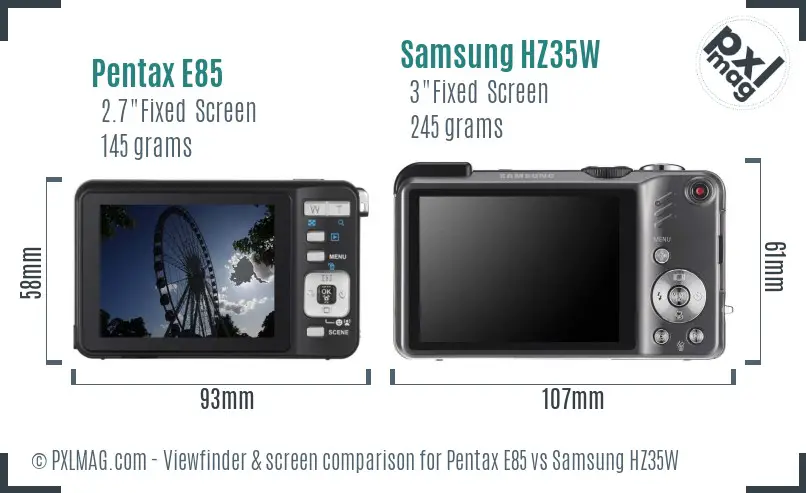 Pentax E85 vs Samsung HZ35W Screen and Viewfinder comparison