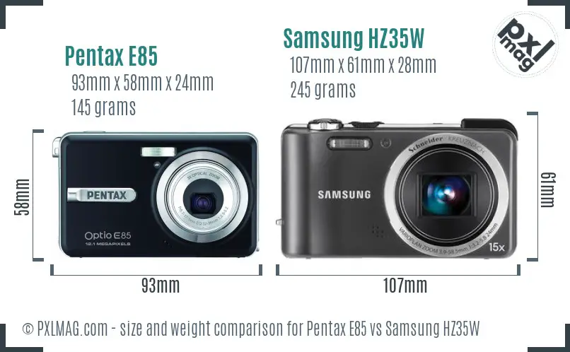 Pentax E85 vs Samsung HZ35W size comparison