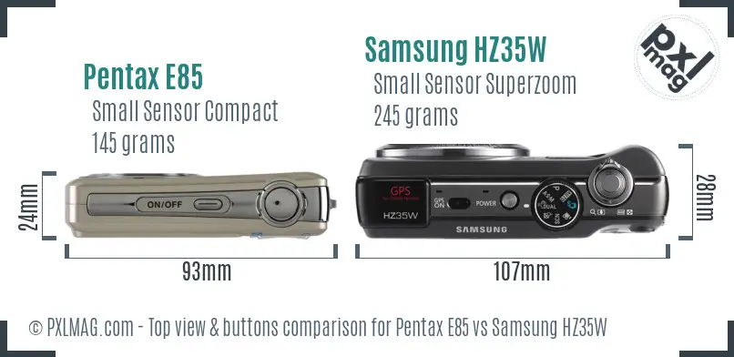 Pentax E85 vs Samsung HZ35W top view buttons comparison
