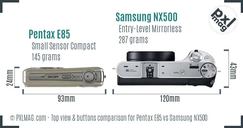 Pentax E85 vs Samsung NX500 top view buttons comparison