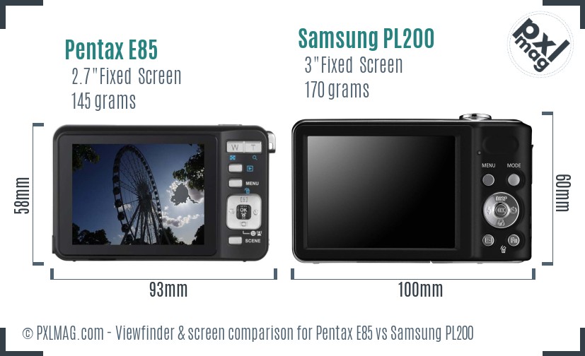 Pentax E85 vs Samsung PL200 Screen and Viewfinder comparison