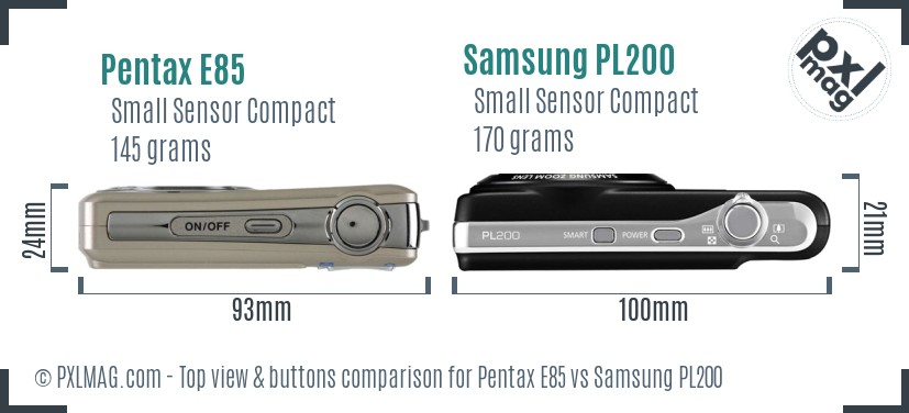 Pentax E85 vs Samsung PL200 top view buttons comparison