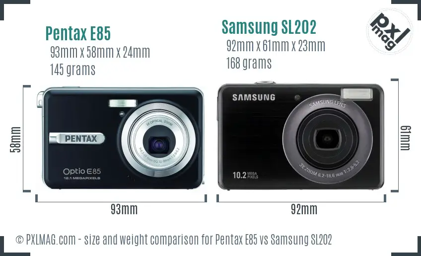 Pentax E85 vs Samsung SL202 size comparison