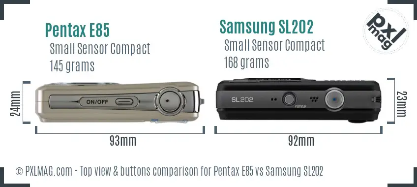 Pentax E85 vs Samsung SL202 top view buttons comparison