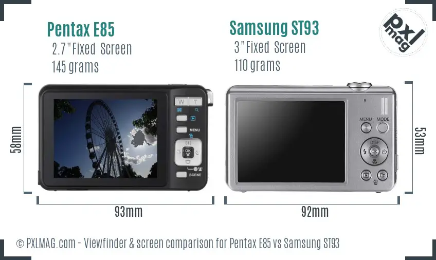 Pentax E85 vs Samsung ST93 Screen and Viewfinder comparison