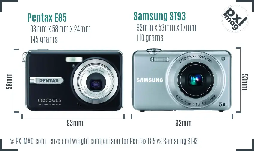 Pentax E85 vs Samsung ST93 size comparison