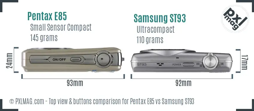 Pentax E85 vs Samsung ST93 top view buttons comparison