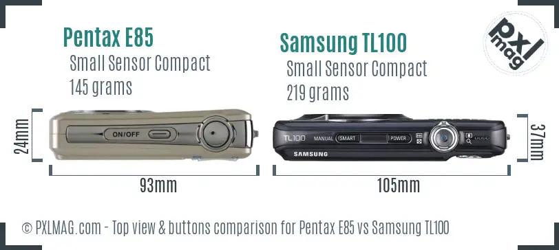 Pentax E85 vs Samsung TL100 top view buttons comparison