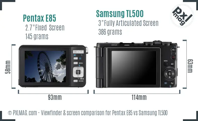 Pentax E85 vs Samsung TL500 Screen and Viewfinder comparison Pentax E85 vs Samsung TL500 Screen and Viewfinder comparison