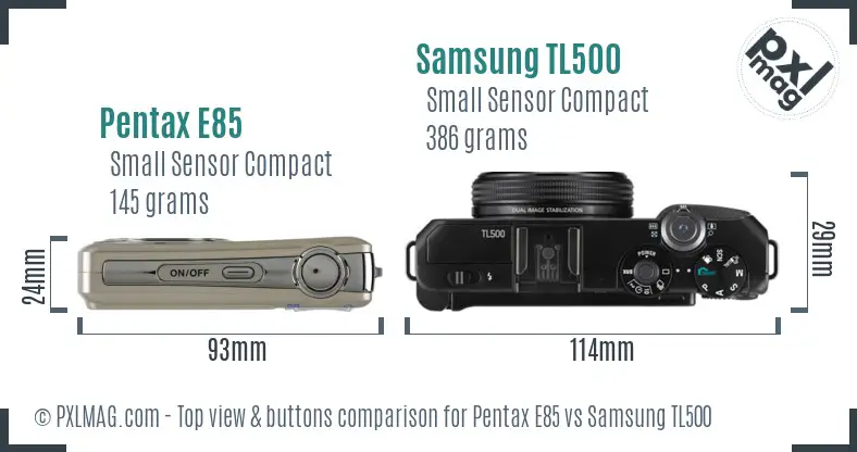 Pentax E85 vs Samsung TL500 top view buttons comparison Pentax E85 vs Samsung TL500 top view buttons comparison