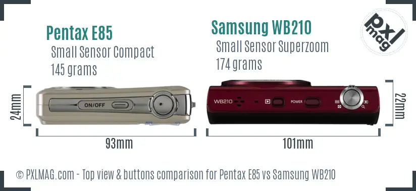 Pentax E85 vs Samsung WB210 top view buttons comparison