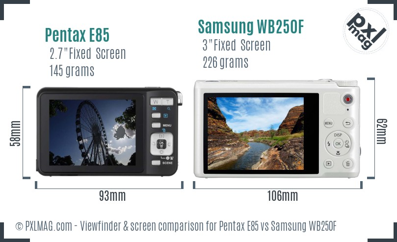 Pentax E85 vs Samsung WB250F Screen and Viewfinder comparison