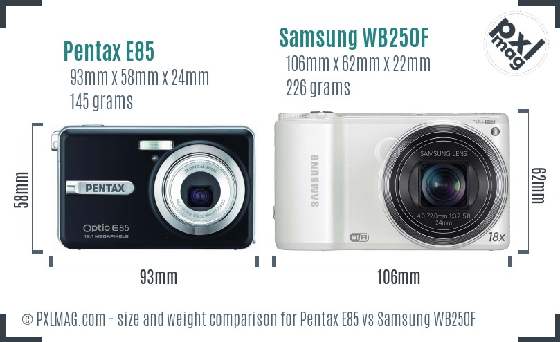 Pentax E85 vs Samsung WB250F size comparison