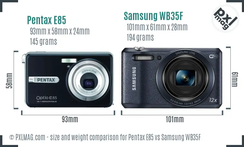Pentax E85 vs Samsung WB35F size comparison