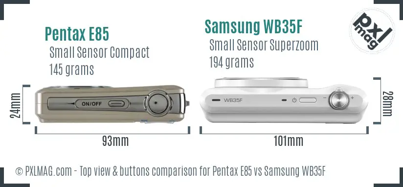 Pentax E85 vs Samsung WB35F top view buttons comparison
