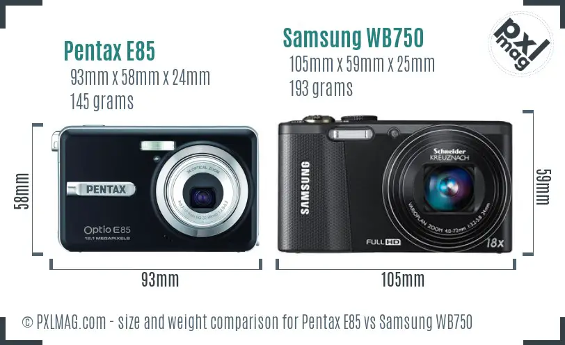 Pentax E85 vs Samsung WB750 size comparison