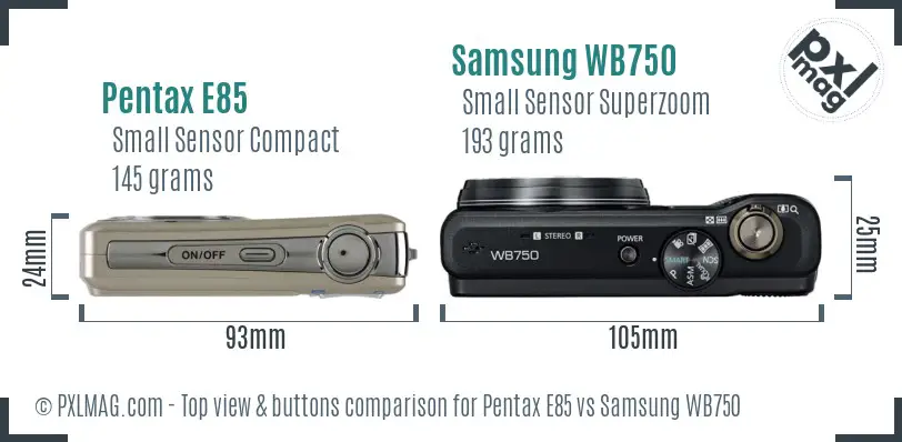 Pentax E85 vs Samsung WB750 top view buttons comparison