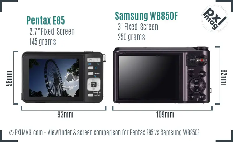 Pentax E85 vs Samsung WB850F Screen and Viewfinder comparison