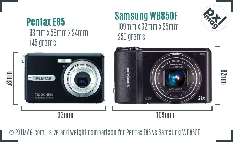 Pentax E85 vs Samsung WB850F size comparison