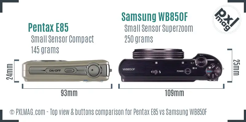 Pentax E85 vs Samsung WB850F top view buttons comparison